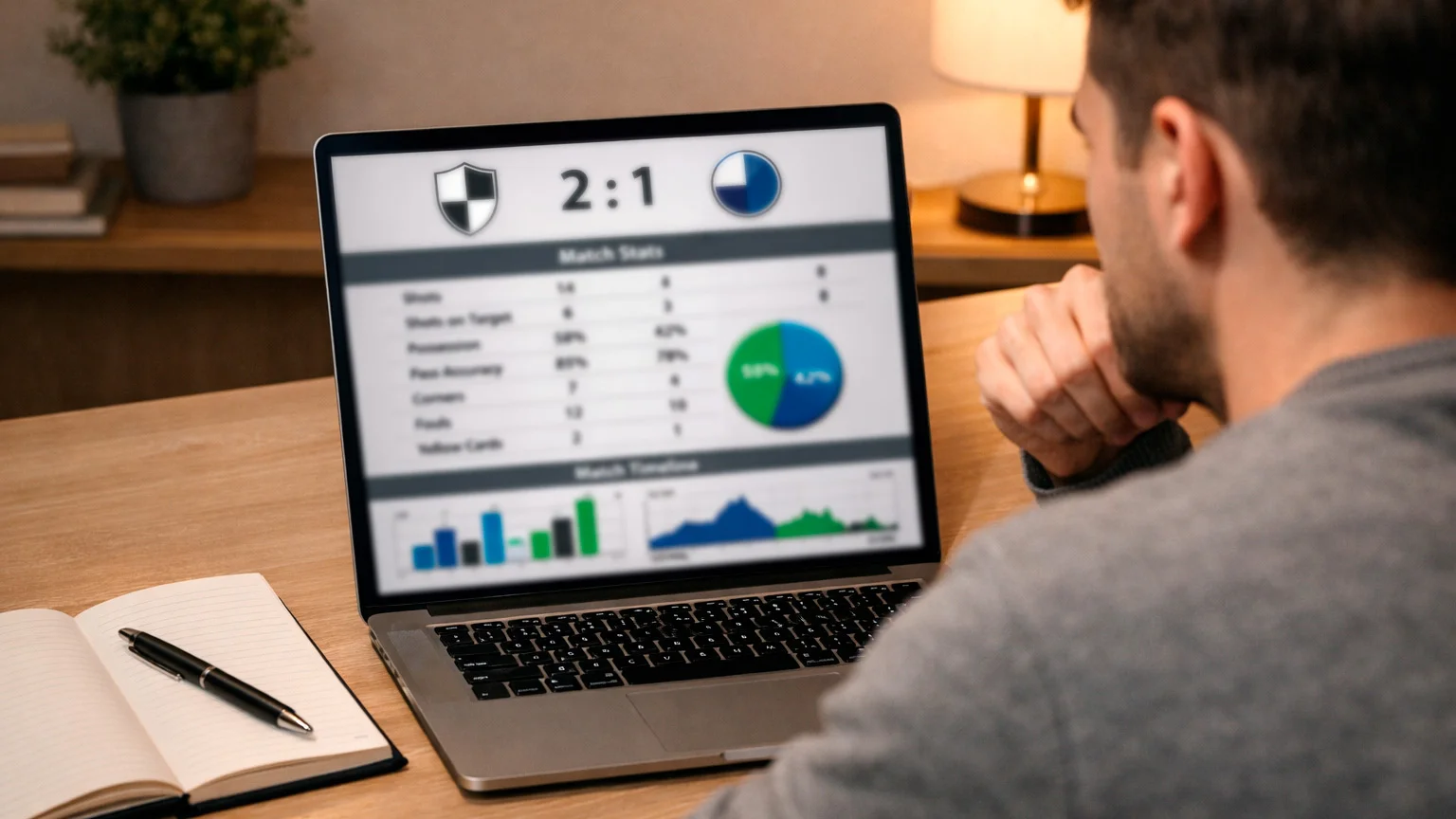 Person analysiert Fußballstatistiken auf einem Laptop