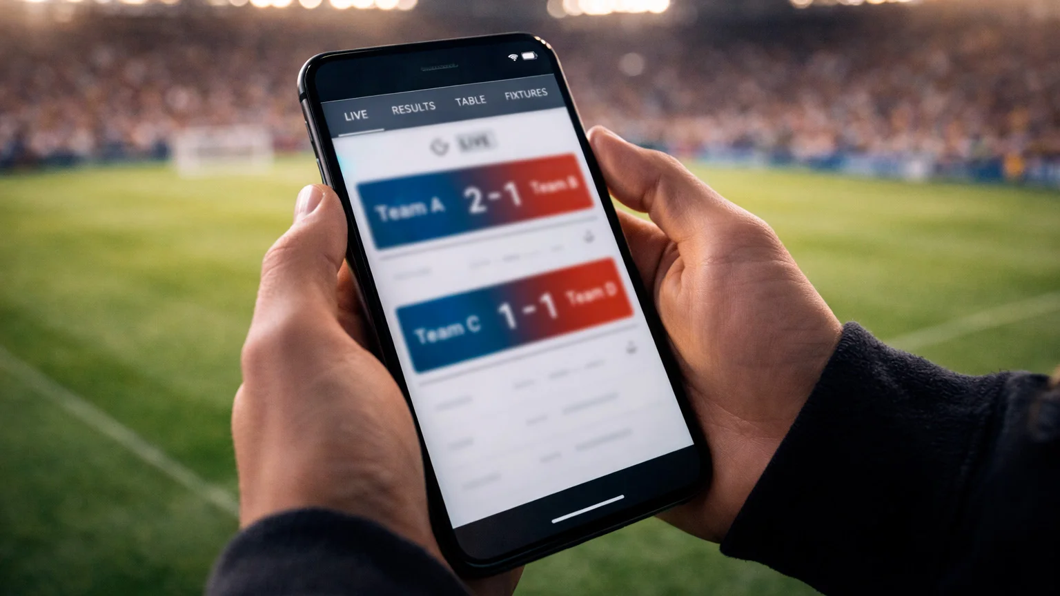 Hände halten ein Smartphone während eines Fußballspiels im Stadion