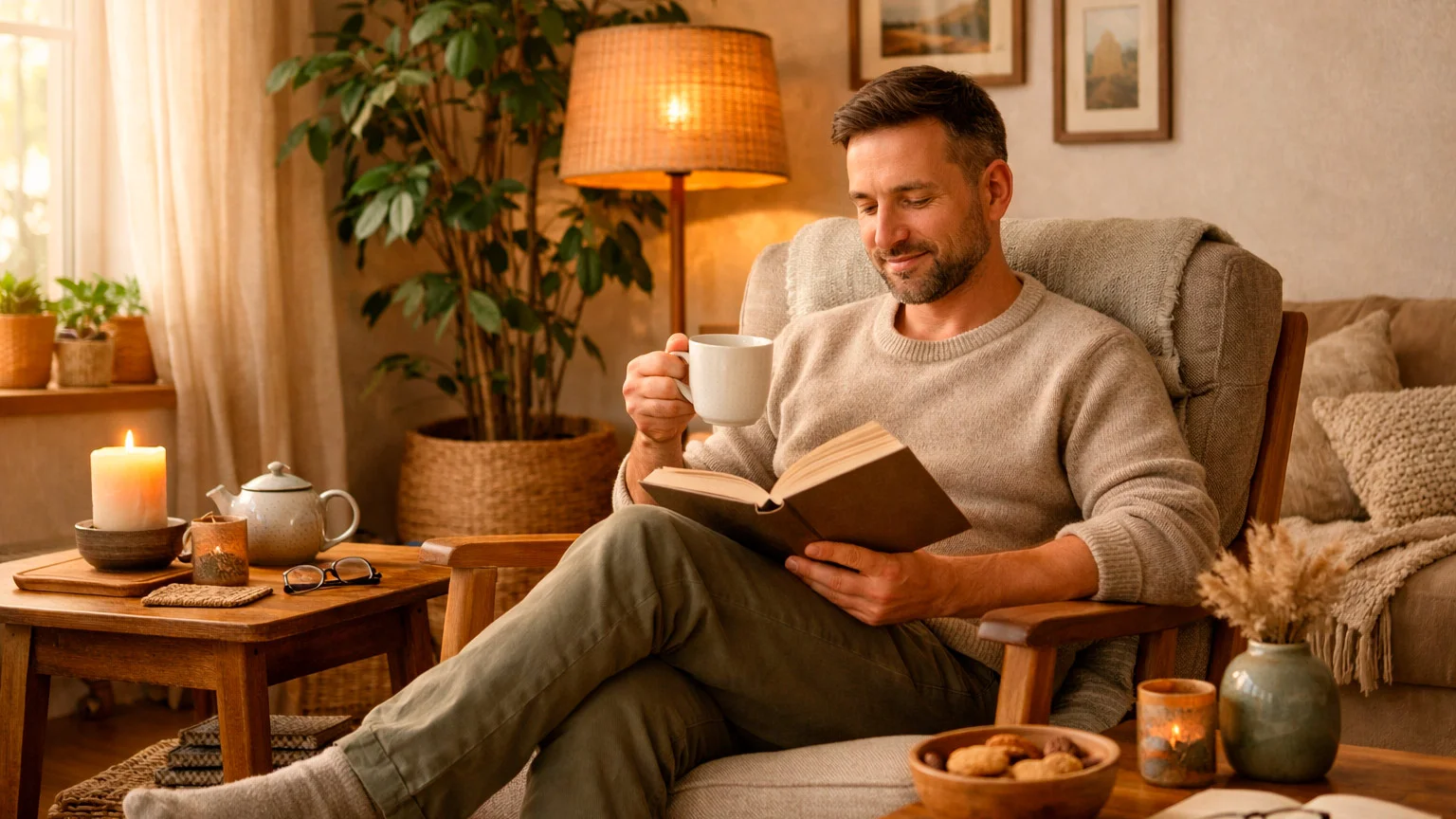 Entspannte Person trinkt Kaffee und liest ein Buch